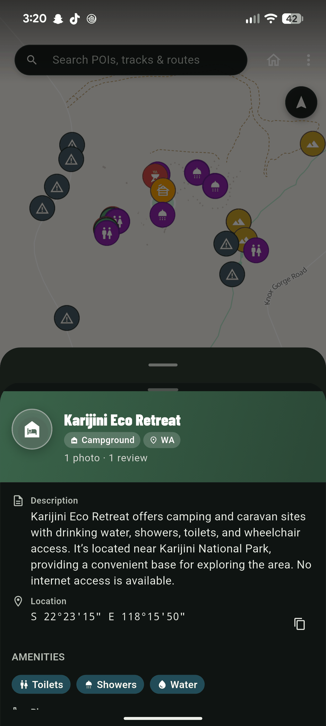 BushNav POI detail with description and amenities