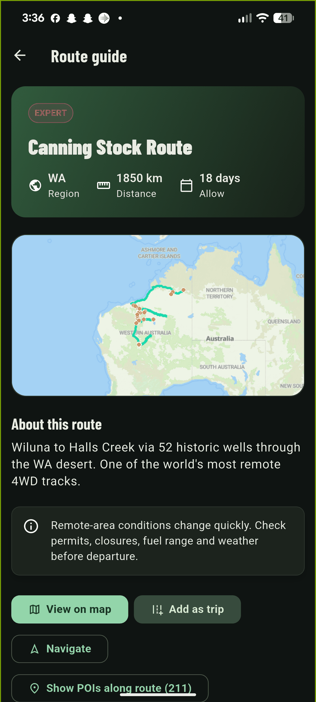 Canning Stock Route in BushNav with distance, difficulty and estimated days