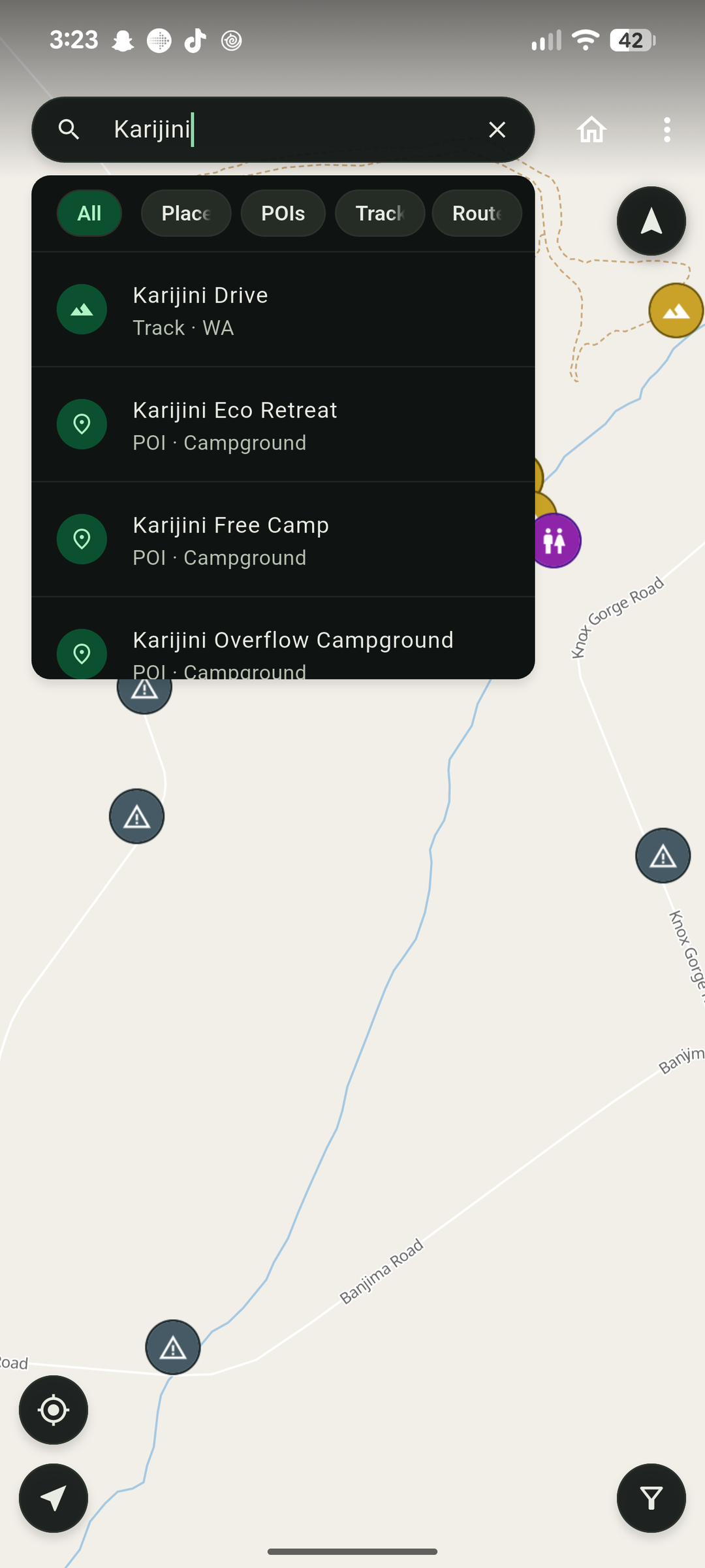 BushNav search showing camps, tracks and places with category filters