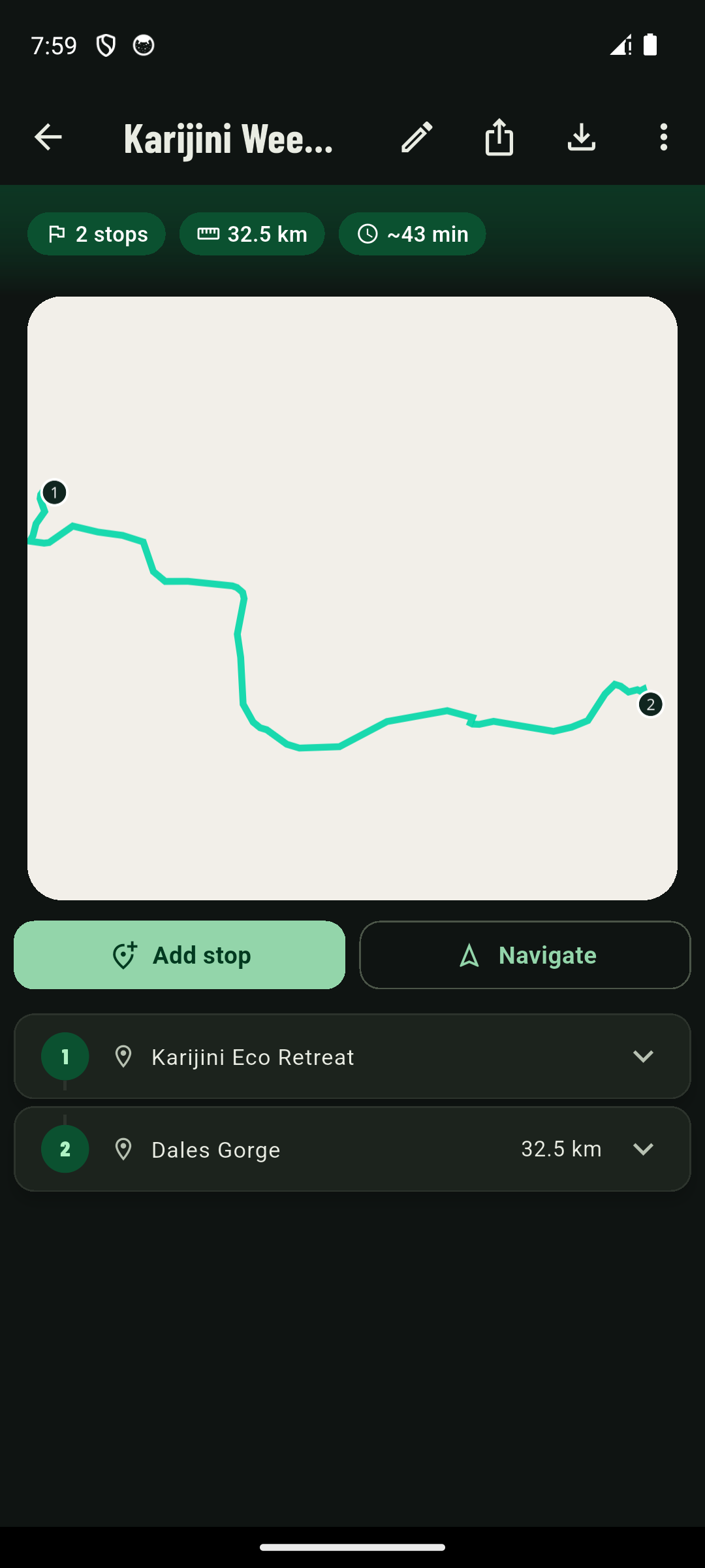 BushNav trip plan with stops, distance and a drawn route across the Karijini area