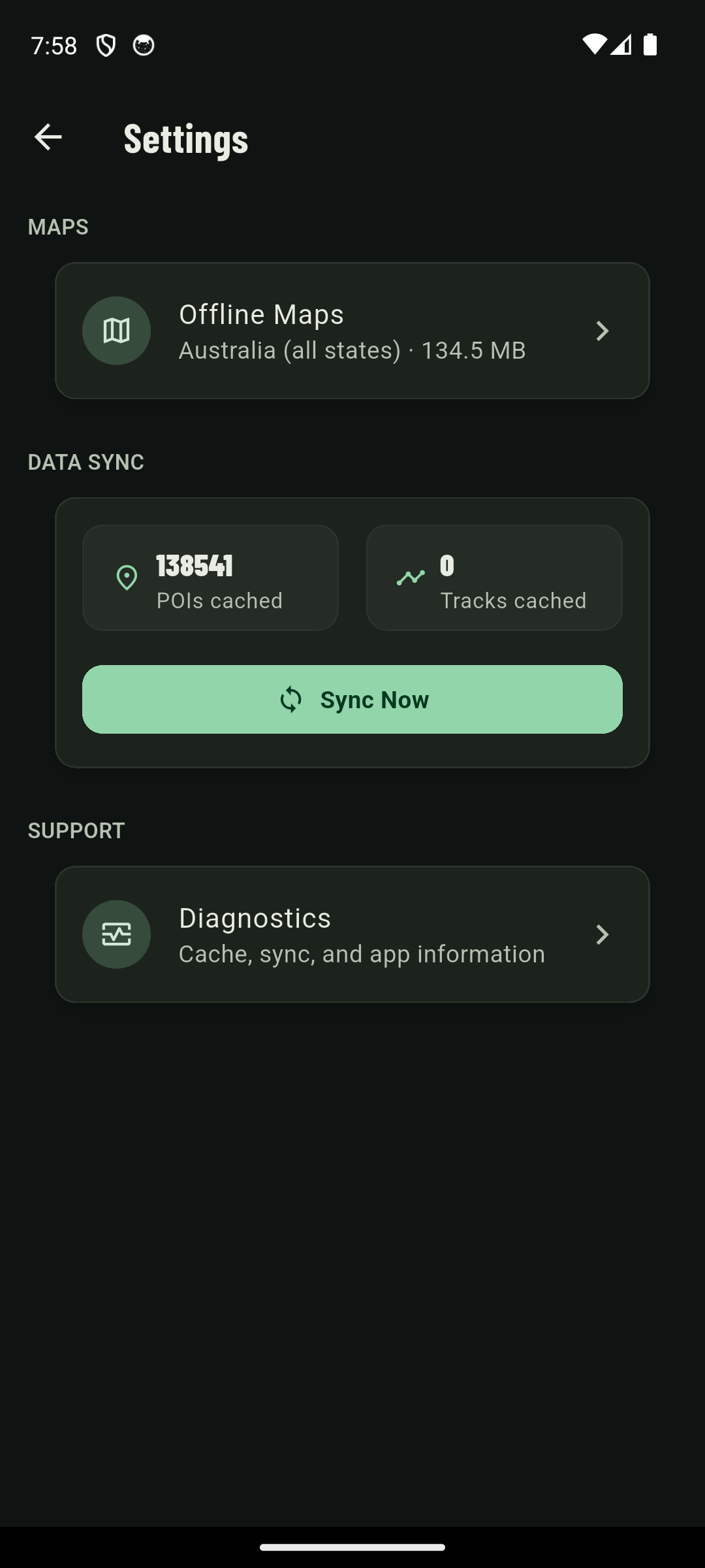 BushNav settings screen showing Australia downloaded offline at 134.5 MB, with 138,541 POIs cached